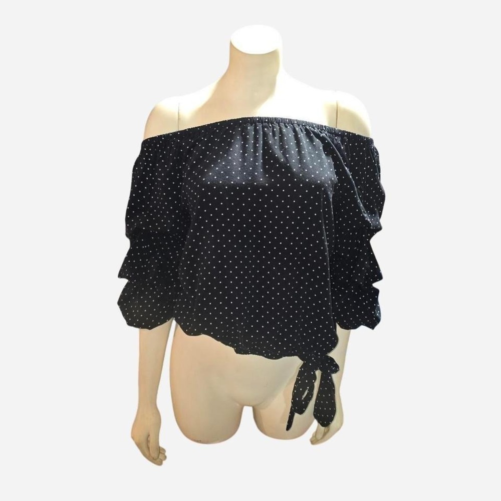 CeCe Off Shoulder Polka Dot Blouse Black White Tie Hem Puff Sleeve Top‎ Size S